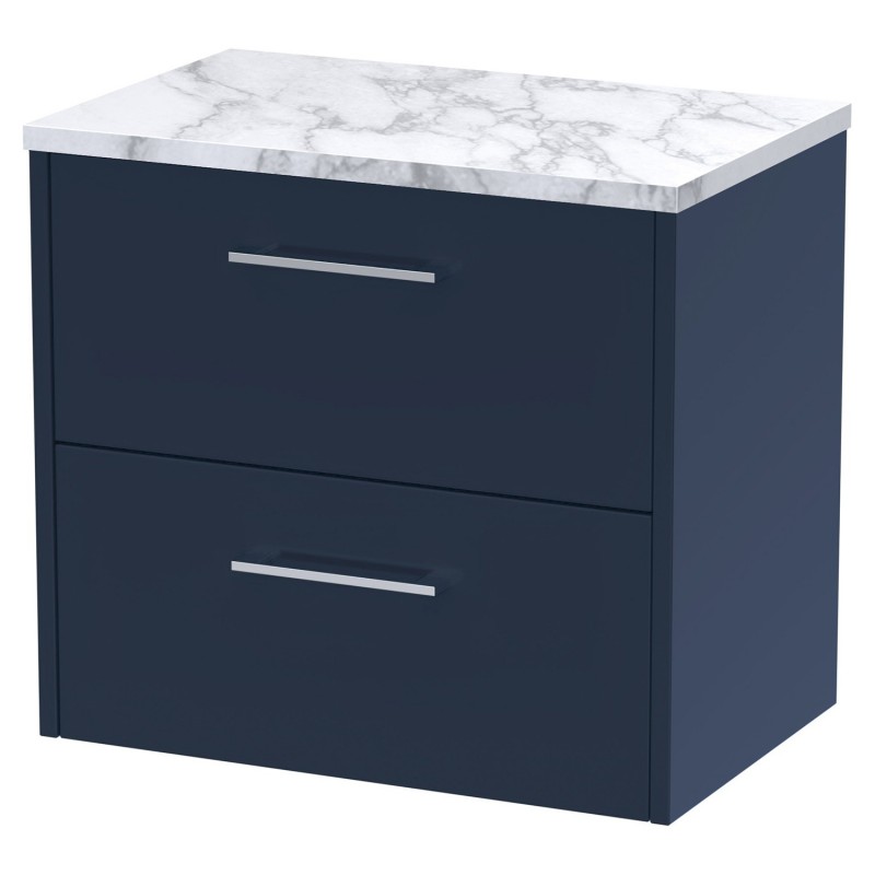 Juno 600mm Wall Hung 2 Drawer Vanity With Carrera Marble Laminate Worktop - Midnight Blue Juno 600mm Wall Hung 2 Drawer Vanity With Carrera Marble Laminate Worktop - Midnight Blue