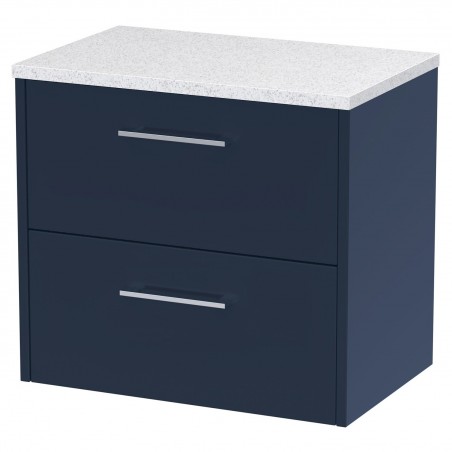 Juno 600mm Wall Hung 2 Drawer Vanity With White Sparkle Laminate Worktop - Midnight Blue