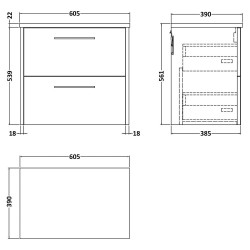 Juno 600mm Wall Hung 2 Drawer Vanity With White Sparkle Laminate Worktop - Midnight Blue - Technical Drawing
