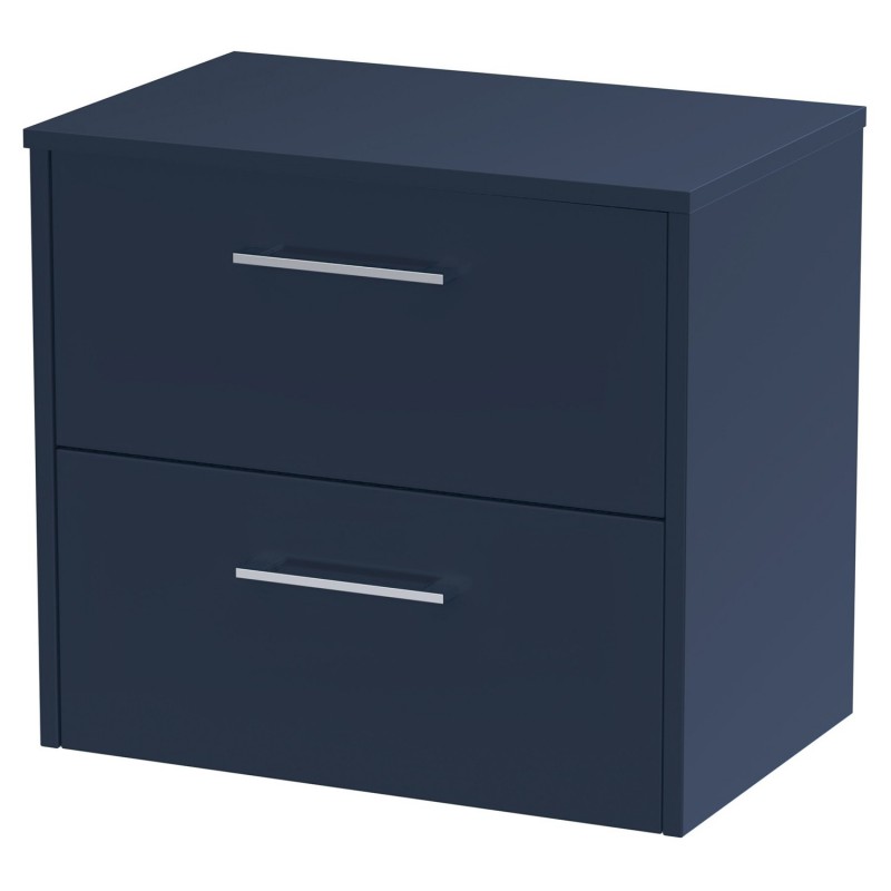 Juno 600mm Wall Hung 2 Drawer Vanity With Worktop - Midnight Blue Juno 600mm Wall Hung 2 Drawer Vanity With Worktop - Midnight Blue