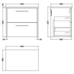 Juno 600mm Wall Hung 2 Drawer Vanity With Worktop - Midnight Blue - Technical Drawing