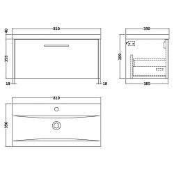 Juno 800mm Wall Hung 1 Drawer Vanity With Mid-Edge Ceramic Basin - Midnight Blue - Technical Drawing