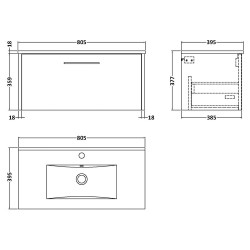 Juno 800mm Wall Hung 1 Drawer Vanity With Minimalist Ceramic Basin - Midnight Blue - Technical Drawing