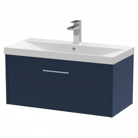 Juno 800mm Wall Hung 1 Drawer Vanity With Thin-Edge Ceramic Basin - Midnight Blue