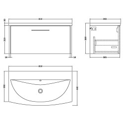 Juno 800mm Wall Hung 1 Drawer Vanity With Curved Ceramic Basin - Midnight Blue - Technical Drawing