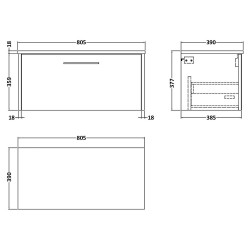 Juno 800mm Wall Hung 1 Drawer Vanity With Worktop - Midnight Blue - Technical Drawing