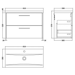 Juno 800mm Wall Hung 2 Drawer Vanity With Mid-Edge Ceramic Basin - Midnight Blue - Technical Drawing