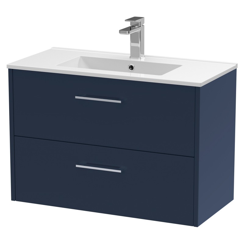Juno 800mm Wall Hung 2 Drawer Vanity With Minimalist Ceramic Basin - Midnight Blue