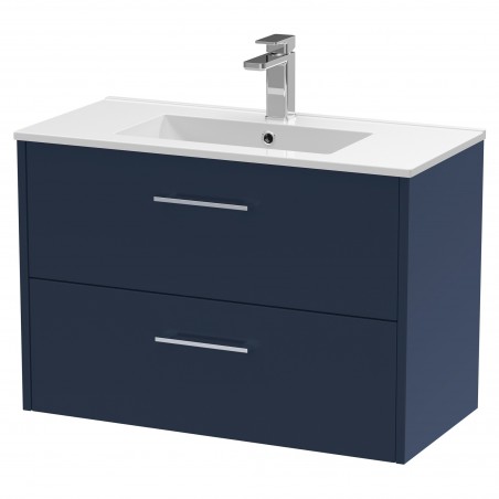 Juno 800mm Wall Hung 2 Drawer Vanity With Minimalist Ceramic Basin - Midnight Blue