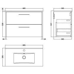 Juno 800mm Wall Hung 2 Drawer Vanity With Minimalist Ceramic Basin - Midnight Blue - Technical Drawing