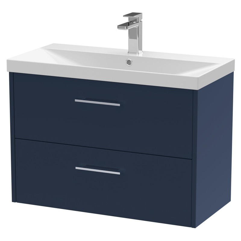 Juno 800mm Wall Hung 2 Drawer Vanity With Thin-Edge Ceramic Basin - Midnight Blue Juno 800mm Wall Hung 2 Drawer Vanity With Thin-Edge Ceramic Basin - Midnight Blue