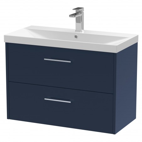 Juno 800mm Wall Hung 2 Drawer Vanity With Thin-Edge Ceramic Basin - Midnight Blue