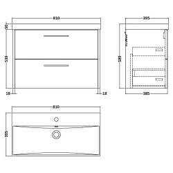 Juno 800mm Wall Hung 2 Drawer Vanity With Thin-Edge Ceramic Basin - Midnight Blue - Technical Drawing