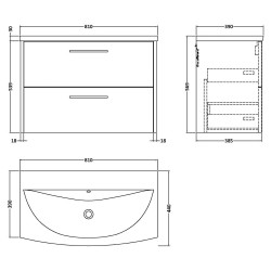 Juno 800mm Wall Hung 2 Drawer Vanity With Curved Ceramic Basin - Midnight Blue - Technical Drawing