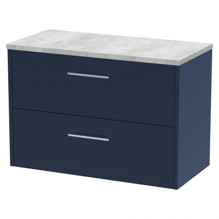 Juno 800mm Wall Hung 2 Drawer Vanity With Bellato Grey Laminate Worktop - Midnight Blue