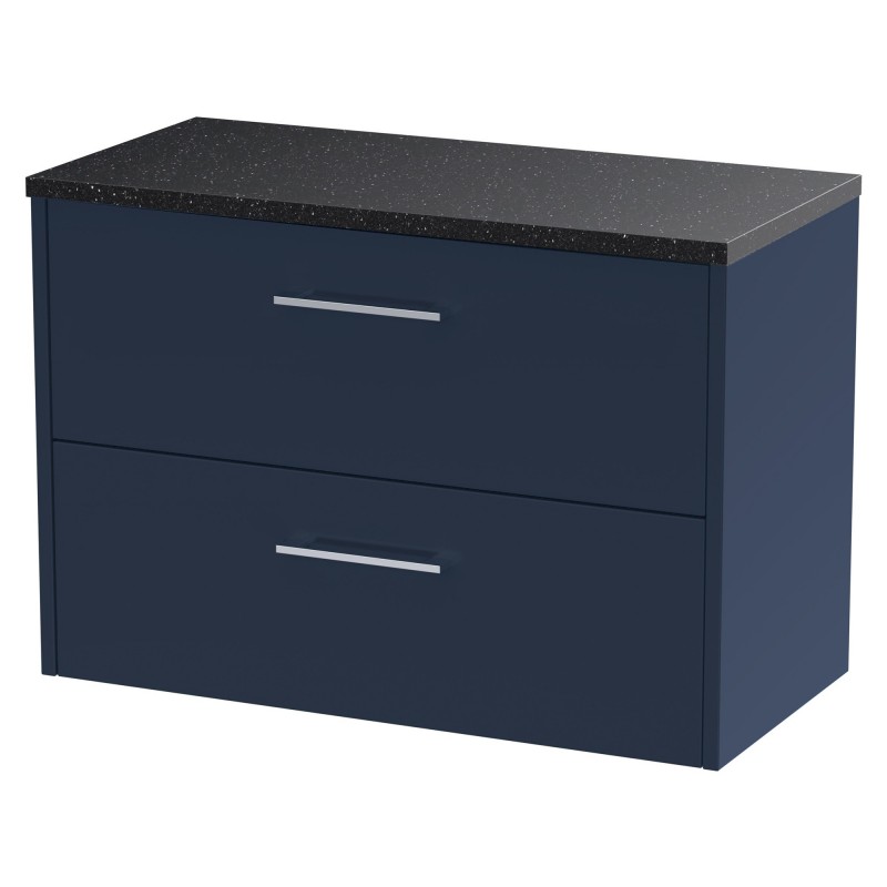 Juno 800mm Wall Hung 2 Drawer Vanity With Black Sparkle Laminate Worktop - Midnight Blue Juno 800mm Wall Hung 2 Drawer Vanity With Black Sparkle Laminate Worktop - Midnight Blue