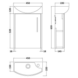 Juno 440mm Wall Hung 1-Door Unit & 1 Tap Hole Basin Left Handed - Midnight Blue - Technical Drawing