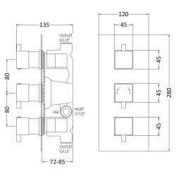 Series L Concealed Shower Valve Triple Handle - Technical Drawing