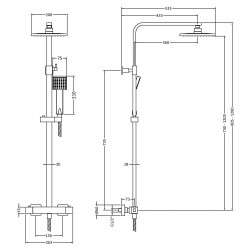 Square Stainless Steel Thermostatic Bar Valve With Rigid Riser Kit - Technical Drawing