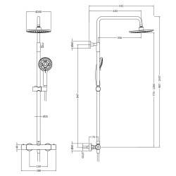 Matt Black Round Thermostatic Bar Valve & Shower Kit - Technical Drawing