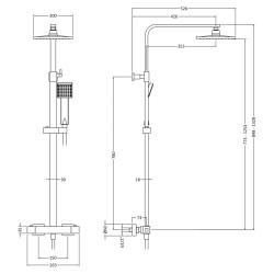 Matt Black Square Thermostatic Bar Valve & Shower Kit - Technical Drawing