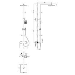 Brushed Pewter Square Thermostatic Bar Valve & Shower Kit - Technical Drawing