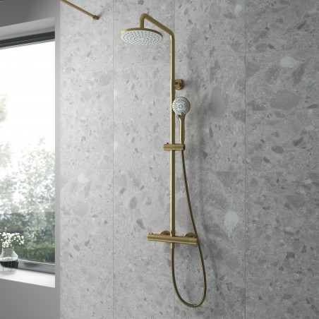 Brushed Brass Shower Kits Round Thermostatic Bar Valve & Shower Kit