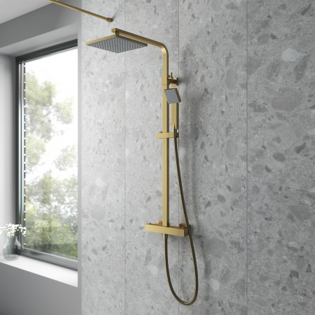 Brushed Brass Shower Kits Square Thermostatic Bar Valve & Shower Kit