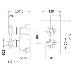Tec Crosshead Brushed Brass Twin Thermostatic Shower Valve With Diverter - Technical Drawing