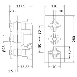Tec Crosshead Brushed Brass Triple Thermostatic Shower Valve - Technical Drawing
