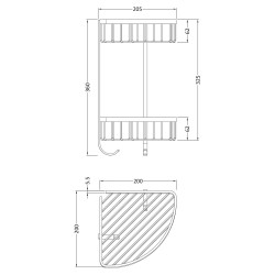 Large 2 Tier Corner Shower Basket Caddy with Hooks - Technical Drawing