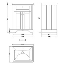 Old London 600mm Freestanding 2-Door Vanity Unit with 1-Tap Hole Fireclay Basin - Storm Grey - Technical Drawing