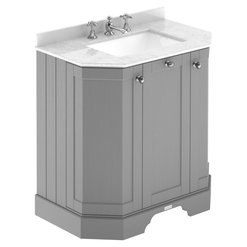Old London 750mm 3 Door Angled Unit & White Marble Top 3 Tap Holes - Storm Grey Old London 750mm 3 Door Angled Unit & White Marble Top 3 Tap Holes - Storm Grey