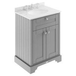 Old London 600mm 2 Door Vanity Unit with White Marble Top and Basin with 3 Tap Holes - Storm Grey