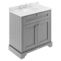 Old London 800mm 2 Door Vanity Unit with White Marble Top and Basin with 3 Tap Holes - Storm Grey