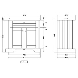 Old London 800mm 2 Door Vanity Unit and Basin with 3 Tap Holes - Storm Grey - Technical Drawing