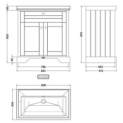 Old London 800mm Freestanding 2-Door Vanity Unit with 0-Tap Hole Fireclay Basin - Storm Grey - Technical Drawing