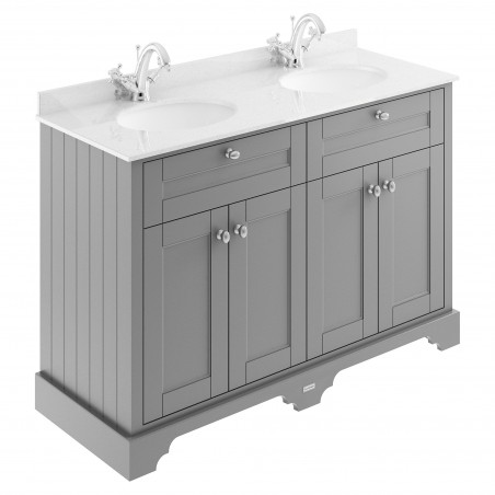 Old London 1200mm 4 Door Vanity Unit with White Marble Top and Double 1 Tap Hole Basins - Storm Grey