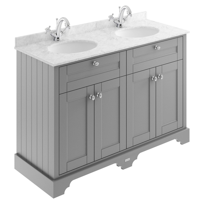 Old London 1200mm 4 Door Vanity Unit with Grey Marble Top and Double 1 Tap Hole Basins - Storm Grey Old London 1200mm 4 Door Vanity Unit with Grey Marble Top and Double 1 Tap Hole Basins - Storm Grey