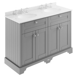 Old London 1200mm 4 Door Vanity Unit with White Marble Top and Double 3 Tap Hole Basins - Storm Grey
