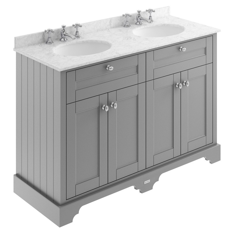 Old London 1200mm 4 Door Vanity Unit with Grey Marble Top and Double 3 Tap Hole Basins - Storm Grey