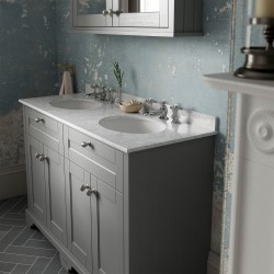 Old London 1200mm 4 Door Vanity Unit with Grey Marble Top and Double 3 Tap Hole Basins - Storm Grey