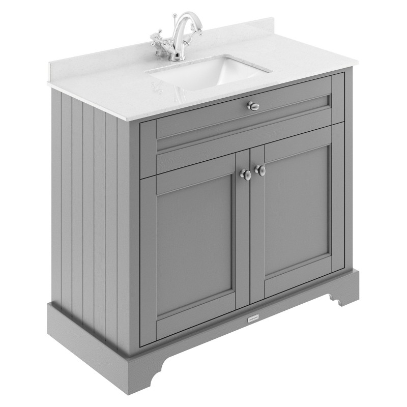 Old London 1000mm Freestanding Vanity Unit with 1TH White Marble Top Rectangular Basin - Storm Grey