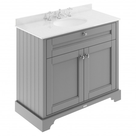 Old London 1000mm 2 Door Vanity Unit with White Marble Top and Basin with 3 Tap Holes - Storm Grey