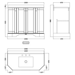 Old London 1000mm 4 Door Angled Unit & Grey Marble Top 3 Tap Holes - Storm Grey - Technical Drawing