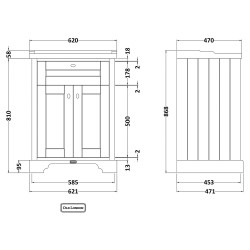 Old London 600mm 2 Door Vanity Unit and Basin with 1 Tap Hole - Twilight Blue - Technical Drawing