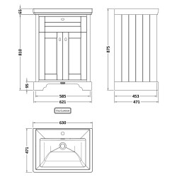 Old London 600mm Freestanding 2-Door Vanity Unit with 1-Tap Hole Fireclay Basin - Twilight Blue - Technical Drawing