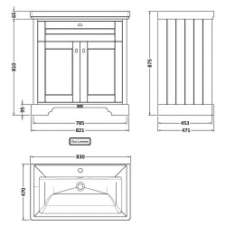 Old London 800mm Freestanding 2-Door Vanity Unit with 1-Tap Hole Fireclay Basin - Twilight Blue - Technical Drawing