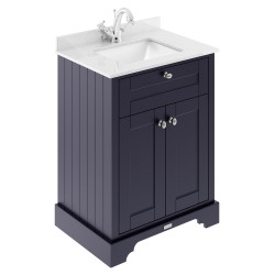 Old London 600mm Freestanding Vanity Unit with 1TH White Marble Top Rectangular Basin - Twilight Blue