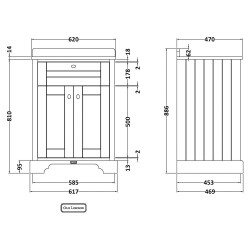 Old London 600mm Freestanding Vanity Unit with 1TH White Marble Top Rectangular Basin - Twilight Blue - Technical Drawing